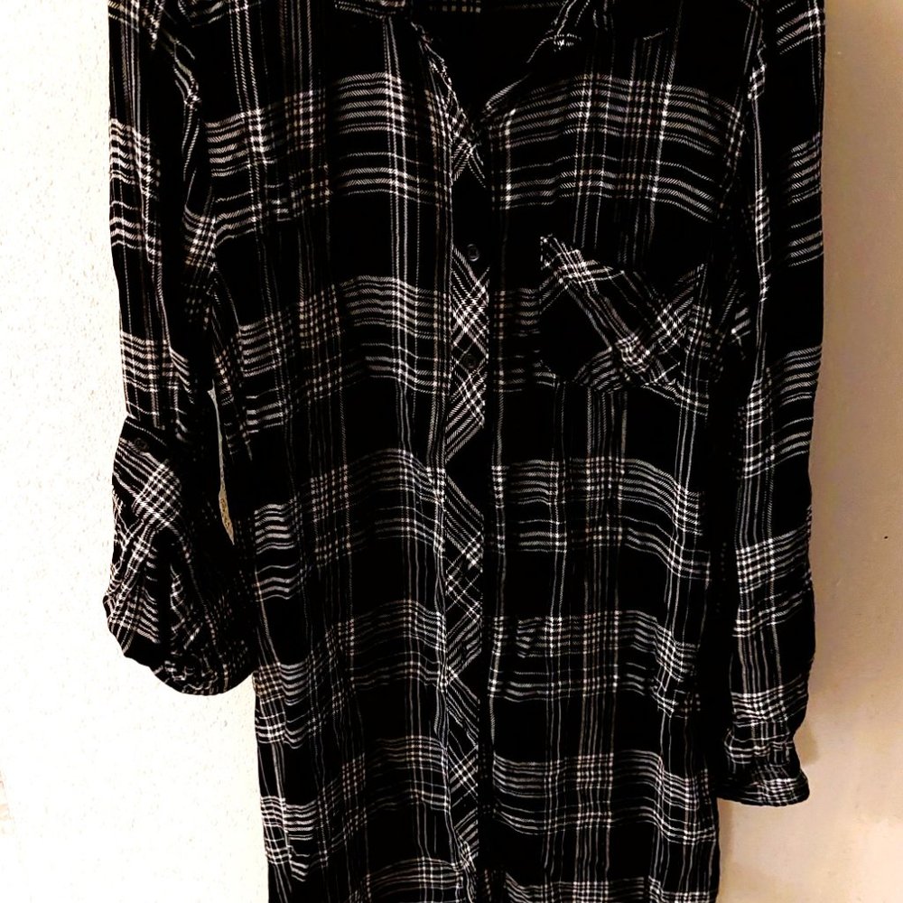 BLL NYC Black/White Plaid Button Down Long Shirt Dress Tunic Top